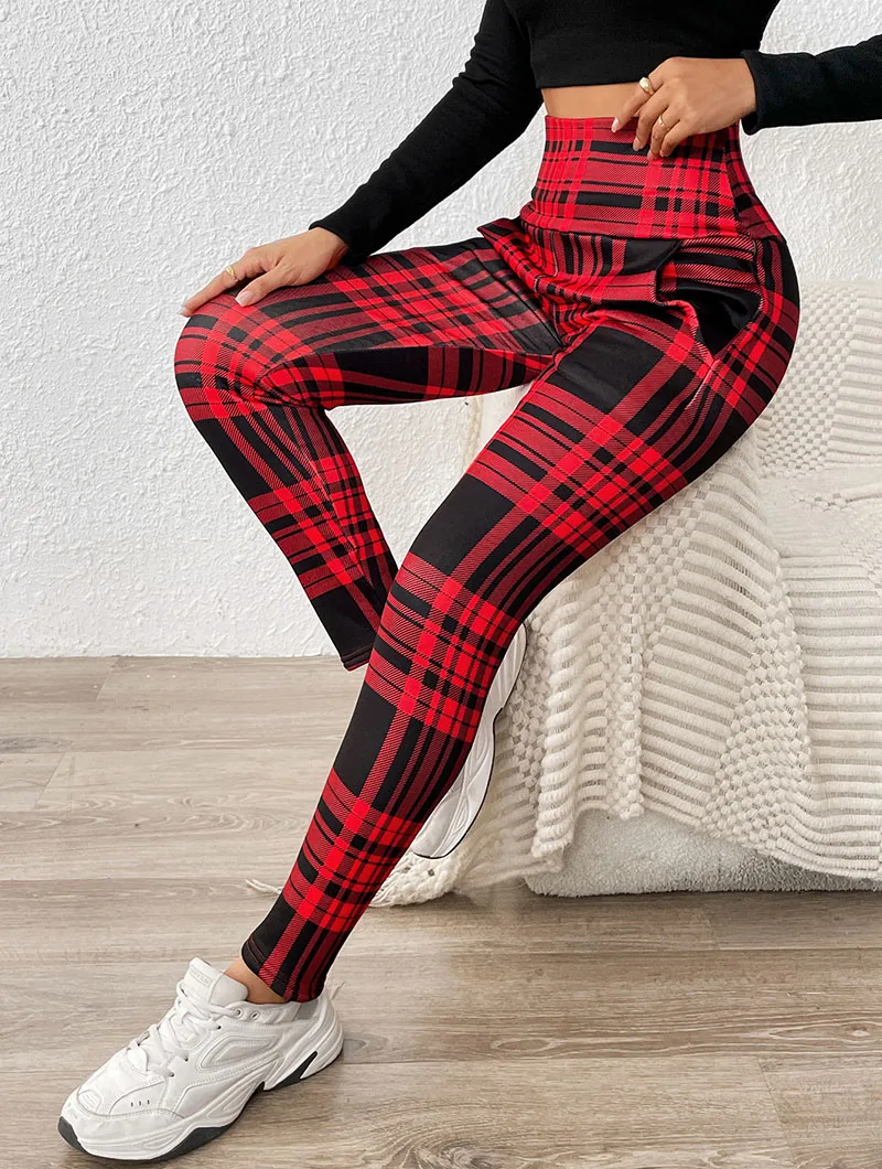 Tight Elastic Sports Fitness Leggings Women Vintage Plaid Printed with Pockets Fleece Leggings Thicken Fall Winter Thermal Pants