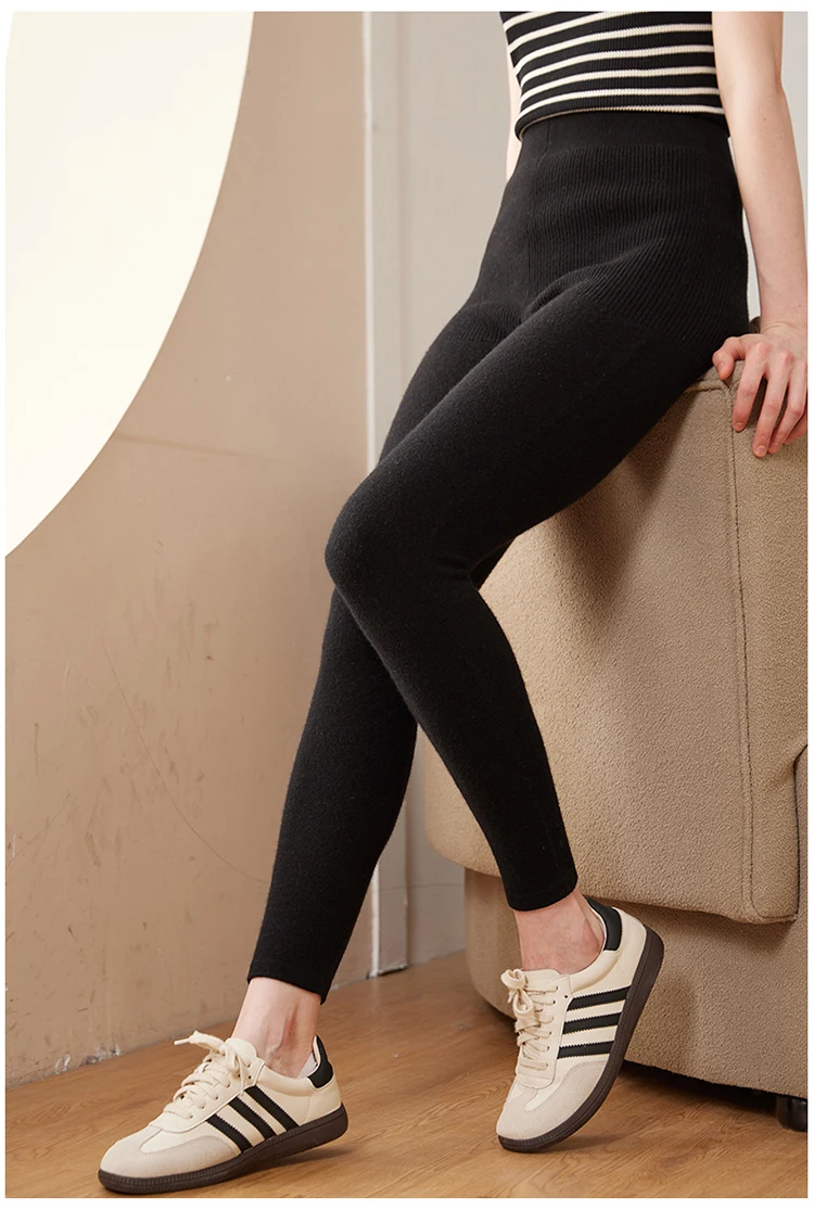 Hot Sales Women Pants Autumn Winter 100% Cashmere Leggings Long Elastic Ladies Knit Pants Woman High Waisted Trousers High-quali