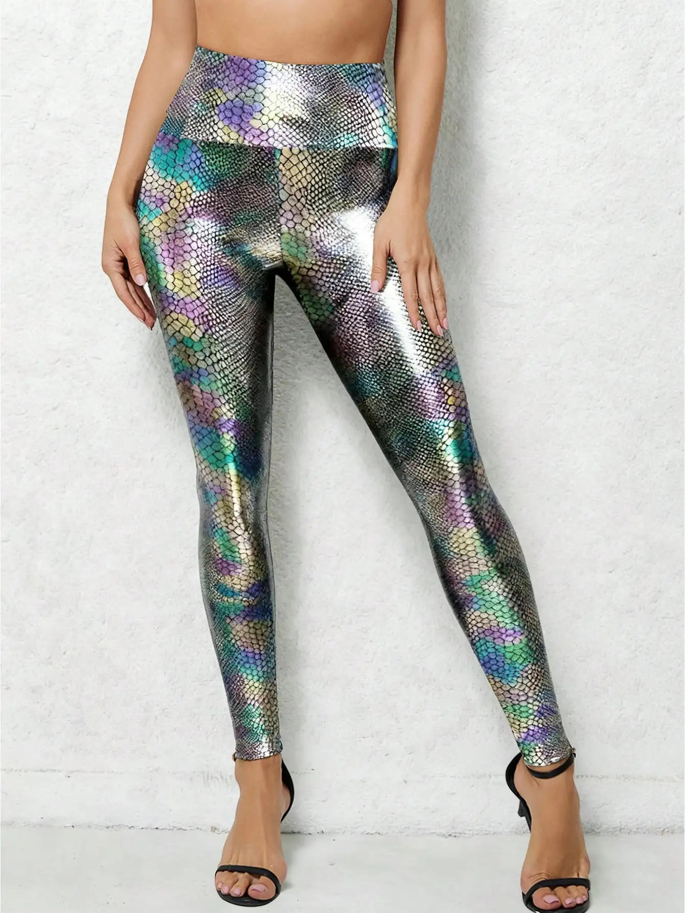 High-waisted Dazzling Snake Pattern Gold-embossed Leggings Sexy Figure-hugging Individual Outerwear Tight Pants For Women