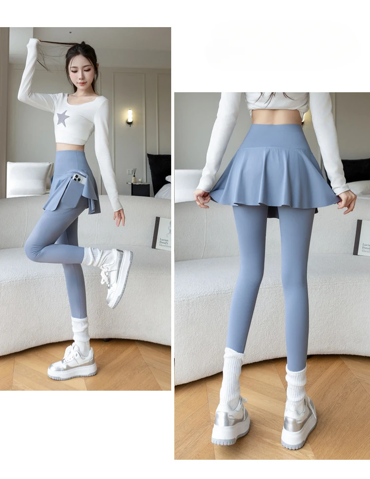Women Seamless Fake Two Pieces Leggings Fitness Leggings High Waist Hip Liftting with Pocket Elastic Slim Fashion Yoga Pants
