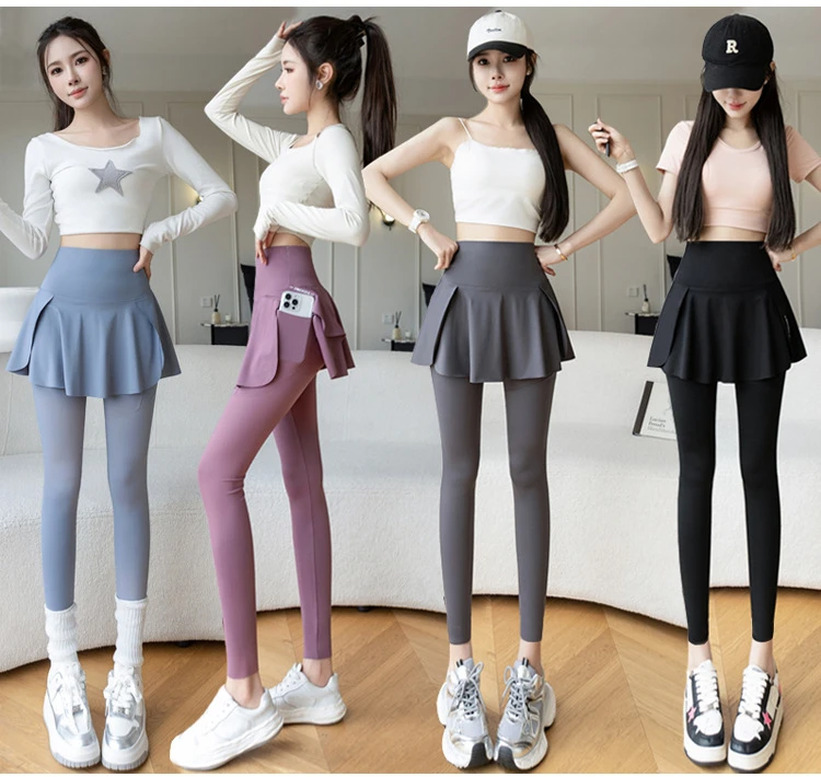 Women Seamless Fake Two Pieces Leggings Fitness Leggings High Waist Hip Liftting with Pocket Elastic Slim Fashion Yoga Pants