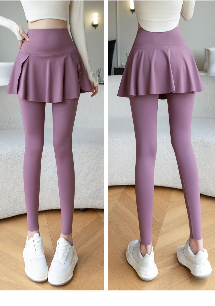 Women Seamless Fake Two Pieces Leggings Fitness Leggings High Waist Hip Liftting with Pocket Elastic Slim Fashion Yoga Pants