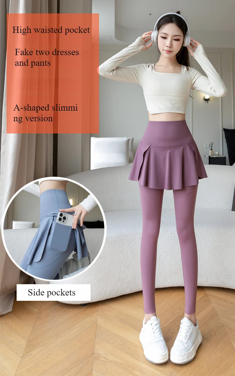 Women Seamless Fake Two Pieces Leggings Fitness Leggings High Waist Hip Liftting with Pocket Elastic Slim Fashion Yoga Pants