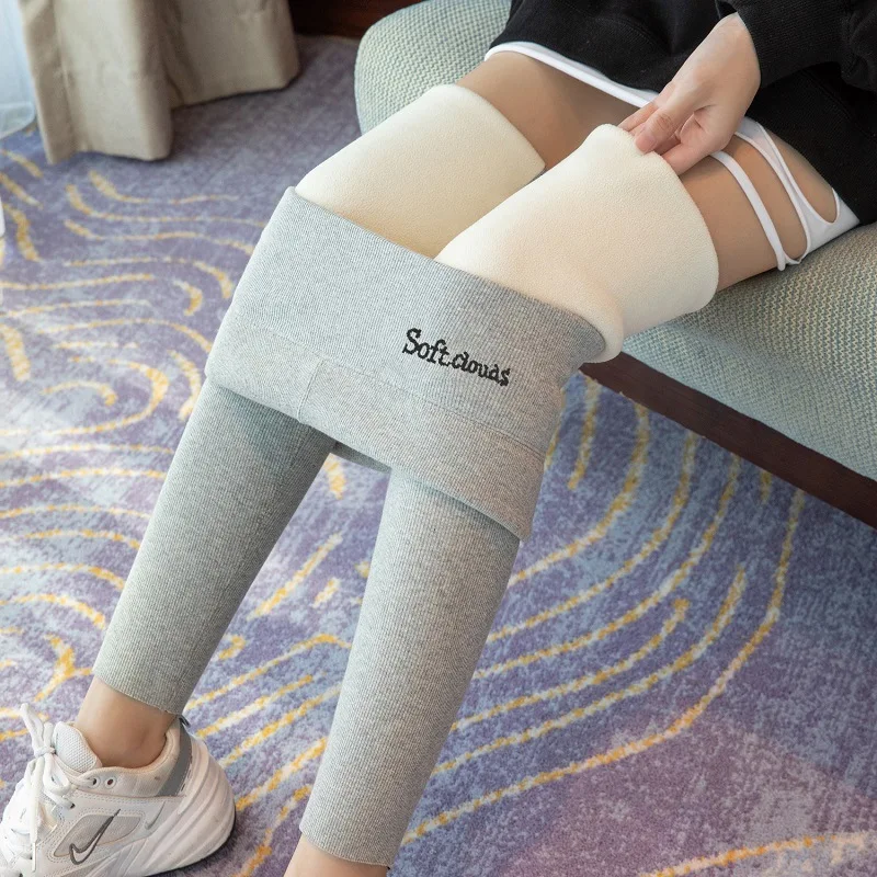 Embroidered Thick Fleece Leggings Women Thermal Pants High Waist Elastic Solid Color Slim Winter Seamless Casual Tights Leggings