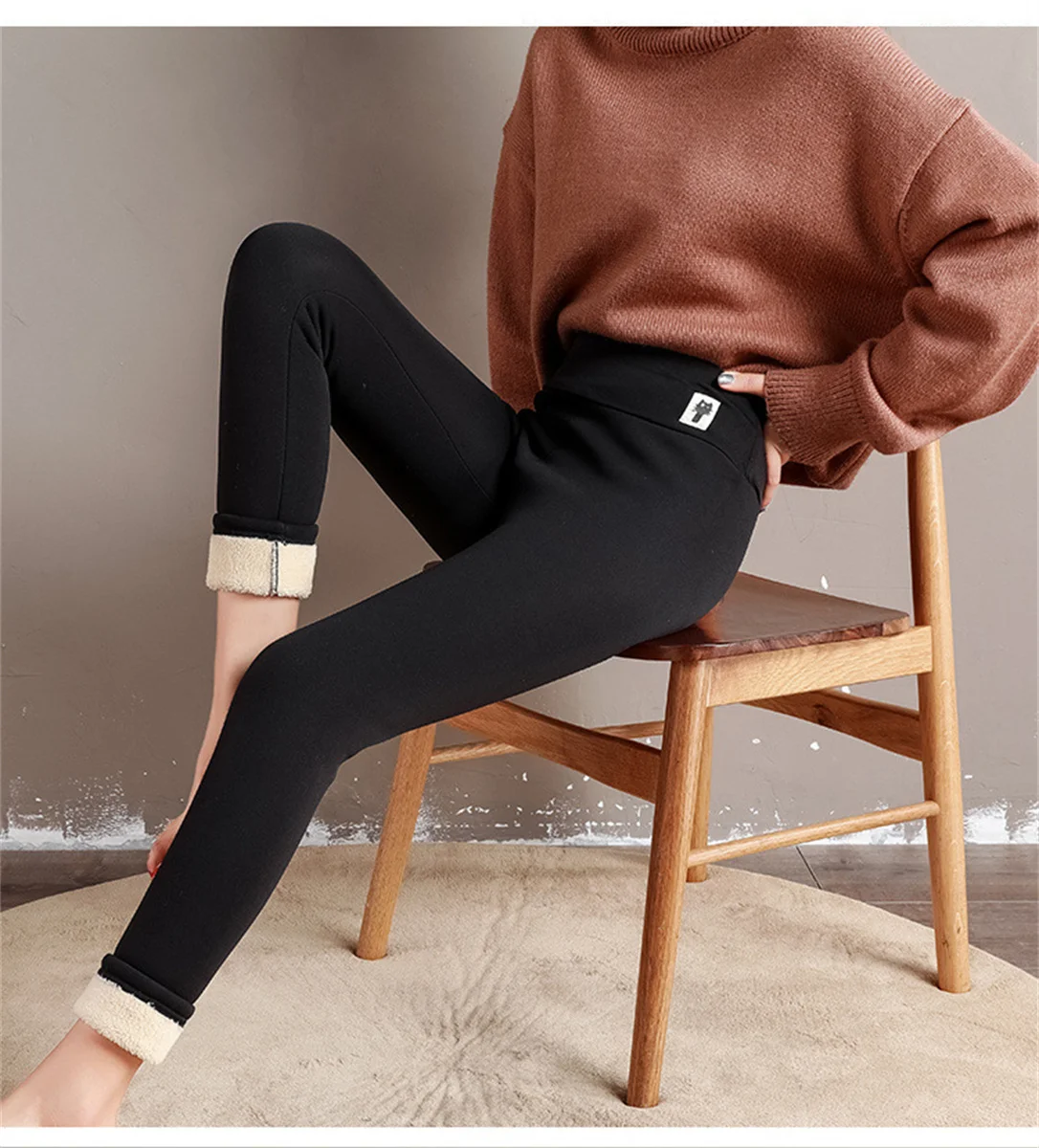 Embroidered Thick Fleece Leggings Women Thermal Pants High Waist Elastic Solid Color Slim Winter Seamless Casual Tights Leggings