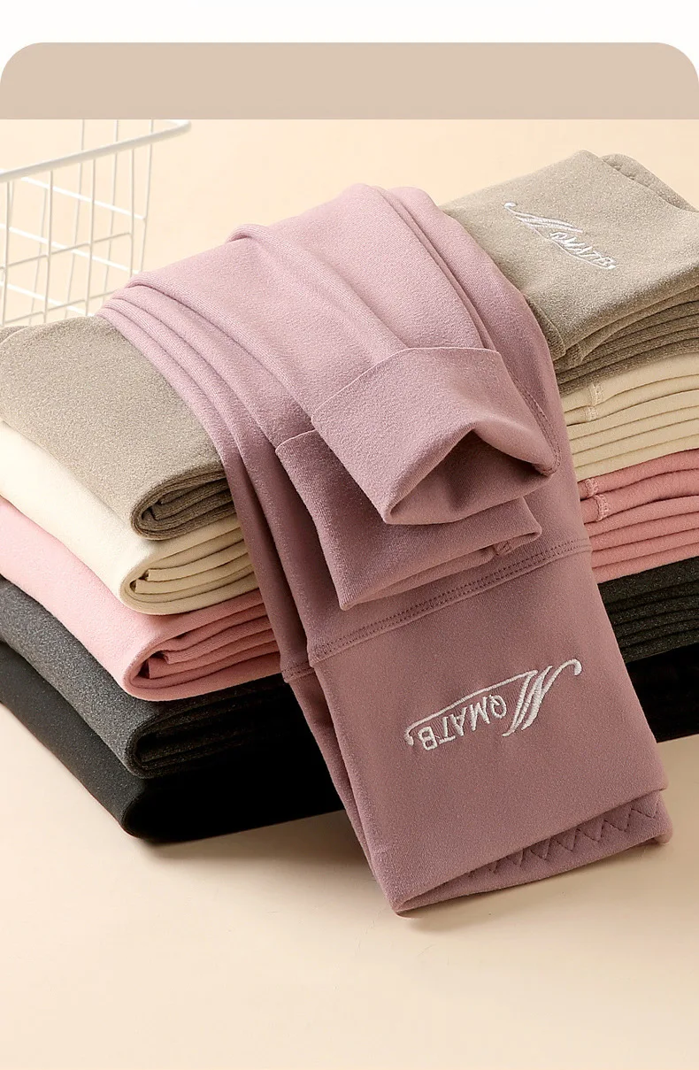 BIVIGAOS Embroidered High Waist Self-Heating Leggings Women Fall Winter Thermal Long Johns DE Velvet Double Sided Fleece Legging