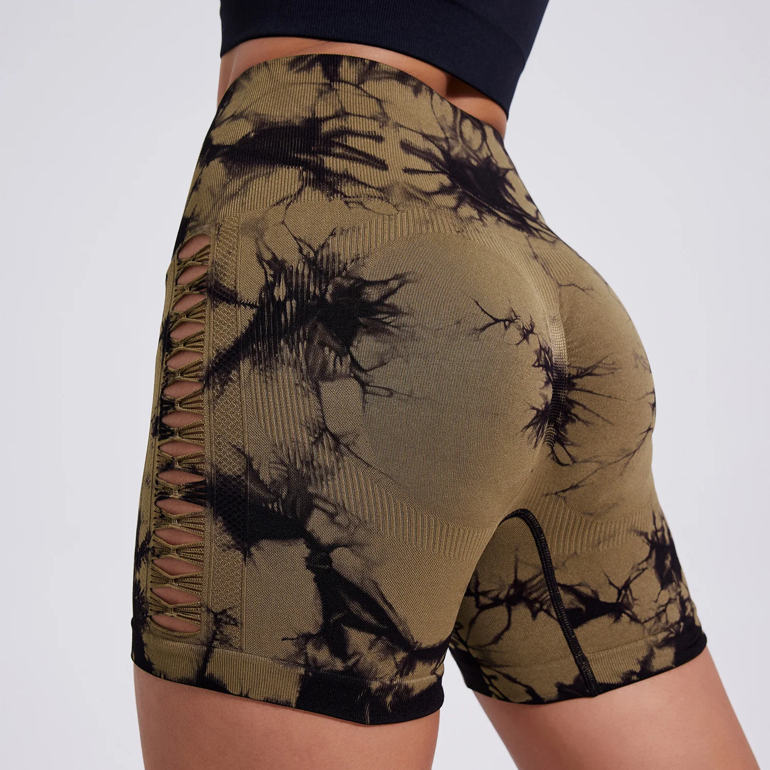 Women's Tie Dyed Hollow Out Seamless High-Waist Fitness Pants Hip Lifting Yoga Shorts Sexy Peach Running Tight Sports Shorts