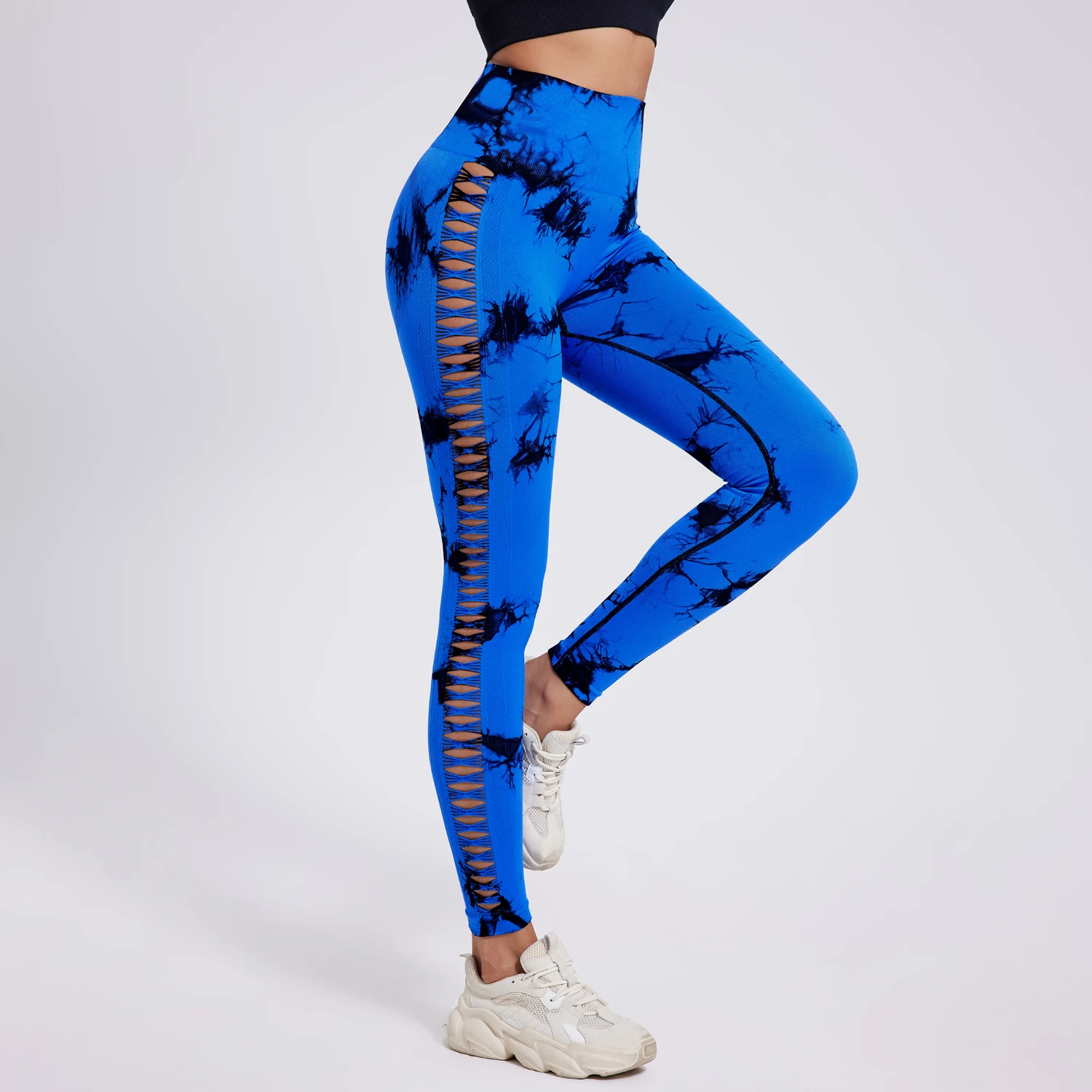 Women's Tie Dyed Hollow Out Seamless High-Waist Fitness Pants Hip Lifting Yoga Shorts Sexy Peach Running Tight Sports Shorts
