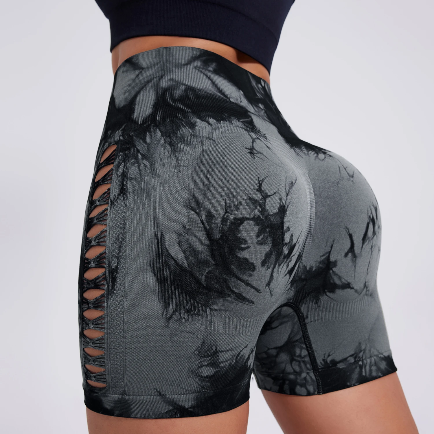 Women's Tie Dyed Hollow Out Seamless High-Waist Fitness Pants Hip Lifting Yoga Shorts Sexy Peach Running Tight Sports Shorts