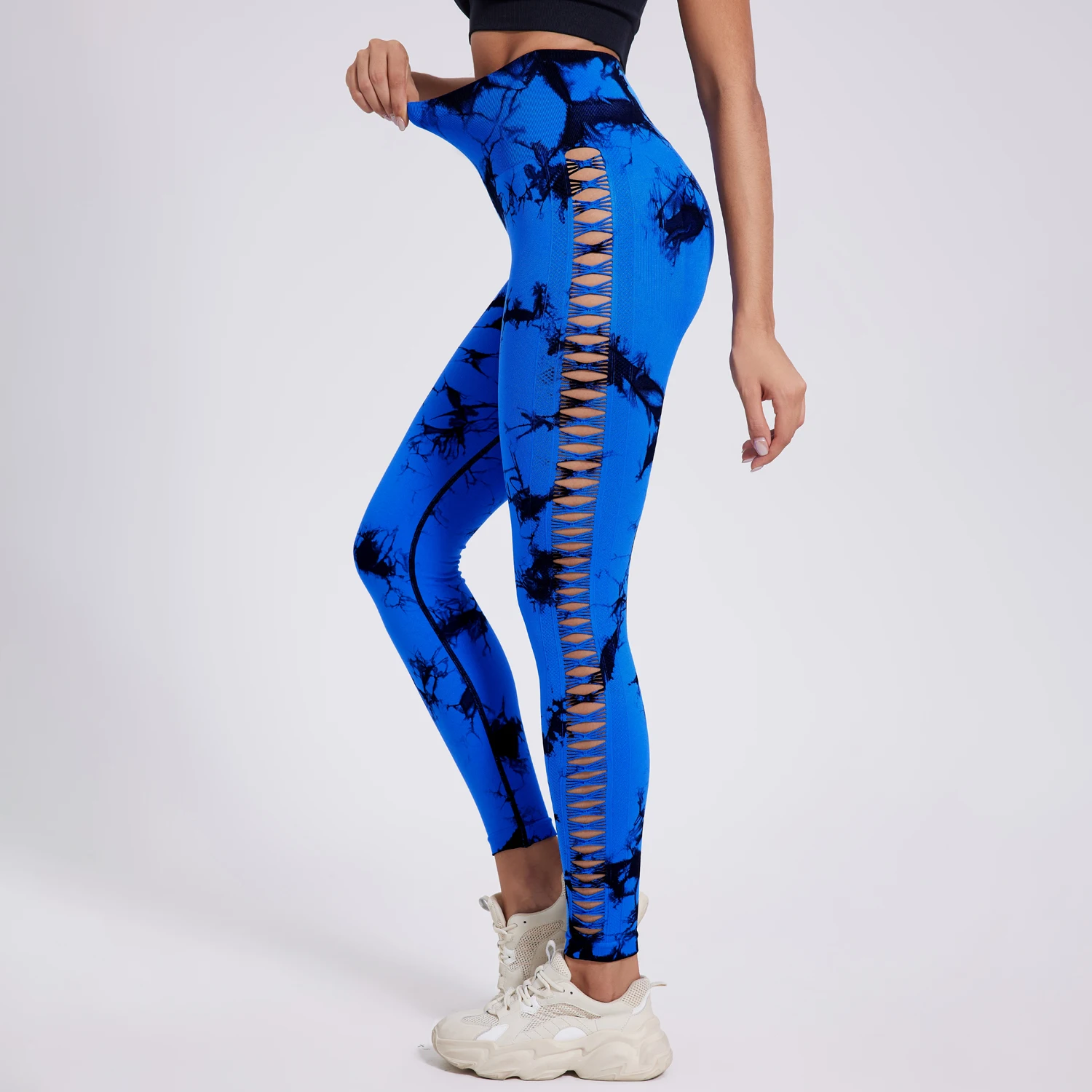Women's Tie Dyed Hollow Out Seamless High-Waist Fitness Pants Hip Lifting Yoga Shorts Sexy Peach Running Tight Sports Shorts