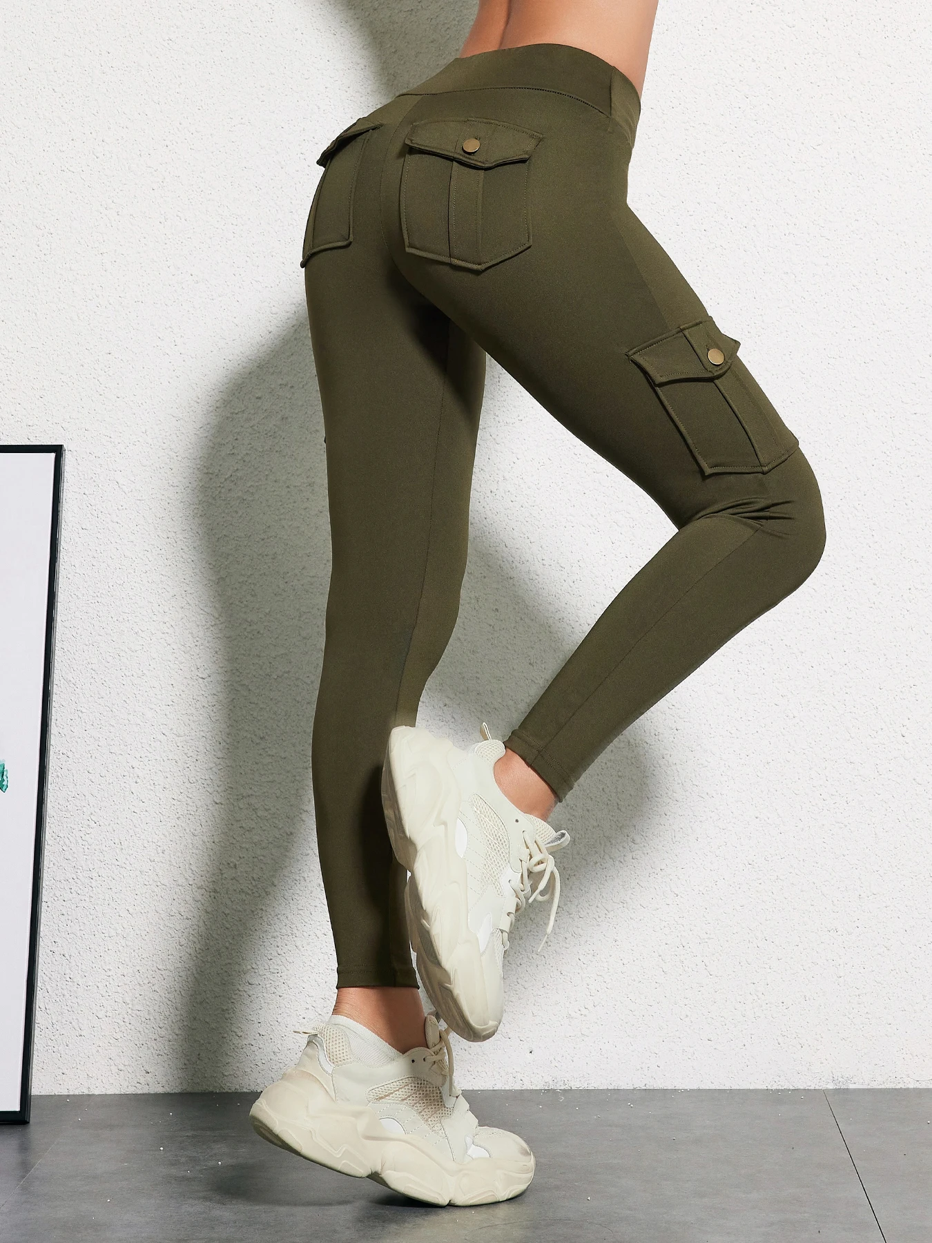 Cargo Style Fitness Pants Women's Sports Tight Leggings With Pocket Stretch High Waist Peach Hip Trousers StreetWear