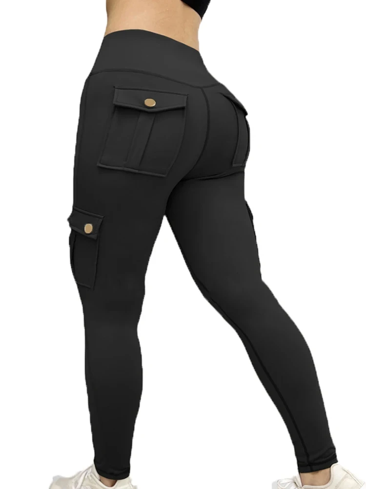 Cargo Style Fitness Pants Women's Sports Tight Leggings With Pocket Stretch High Waist Peach Hip Trousers StreetWear