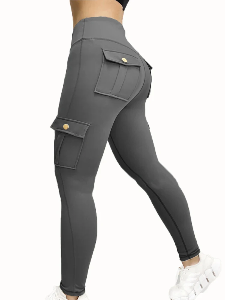 Cargo Style Fitness Pants Women's Sports Tight Leggings With Pocket Stretch High Waist Peach Hip Trousers StreetWear