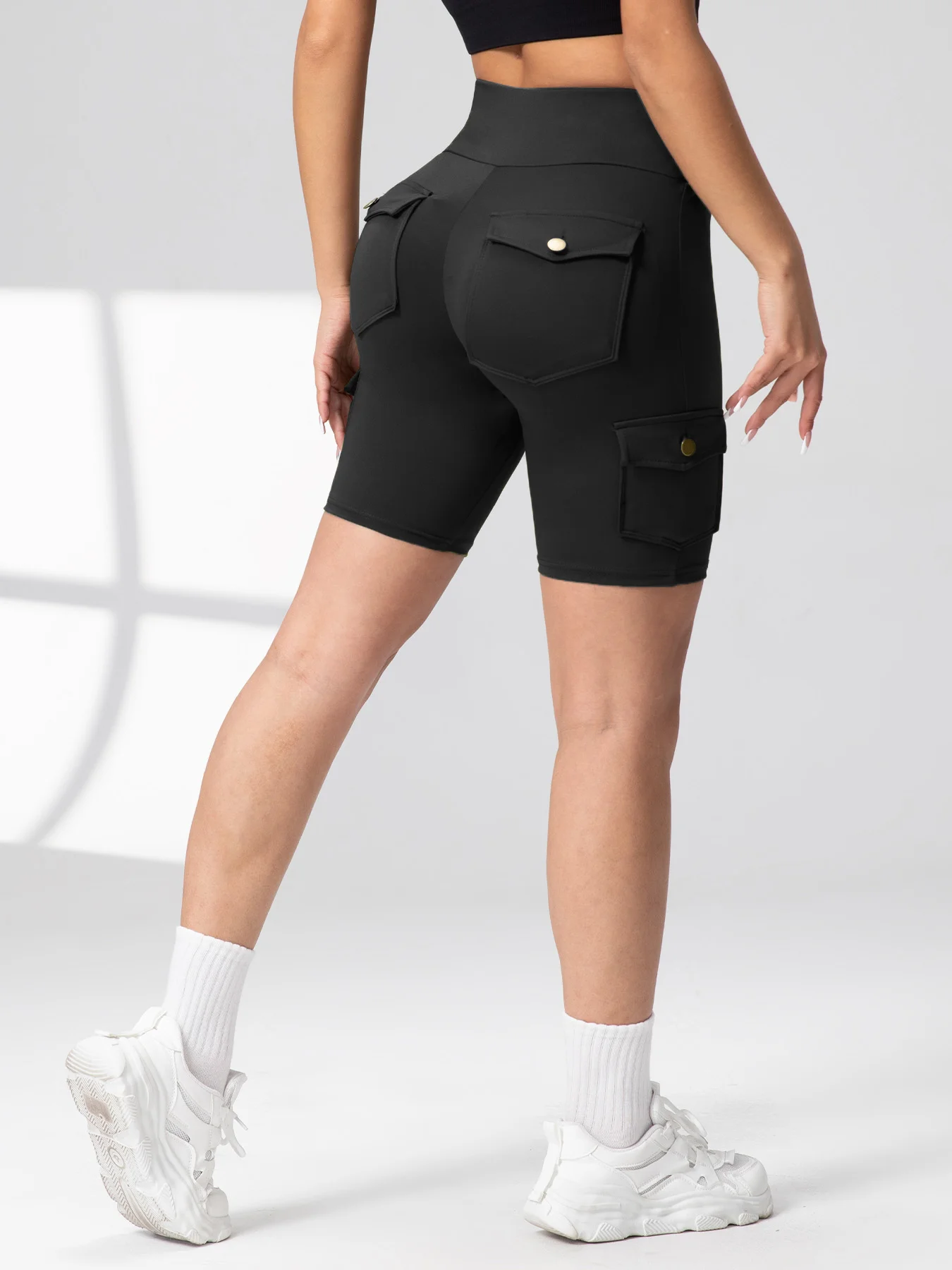 Cargo Style Fitness Pants Women's Sports Tight Leggings With Pocket Stretch High Waist Peach Hip Trousers StreetWear