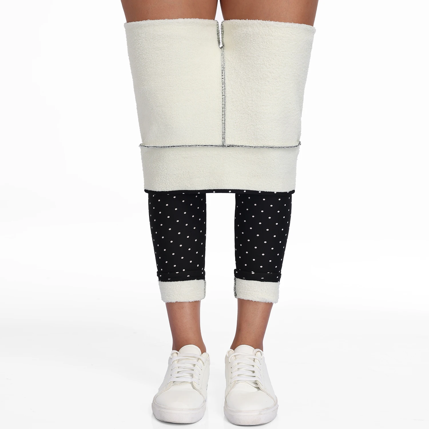 Women Fleece-Lined Dot Print Leggings Autumn Winter High Waisted Thermal Warm Pants Slim Plus Thicken Trousers Street Clothes
