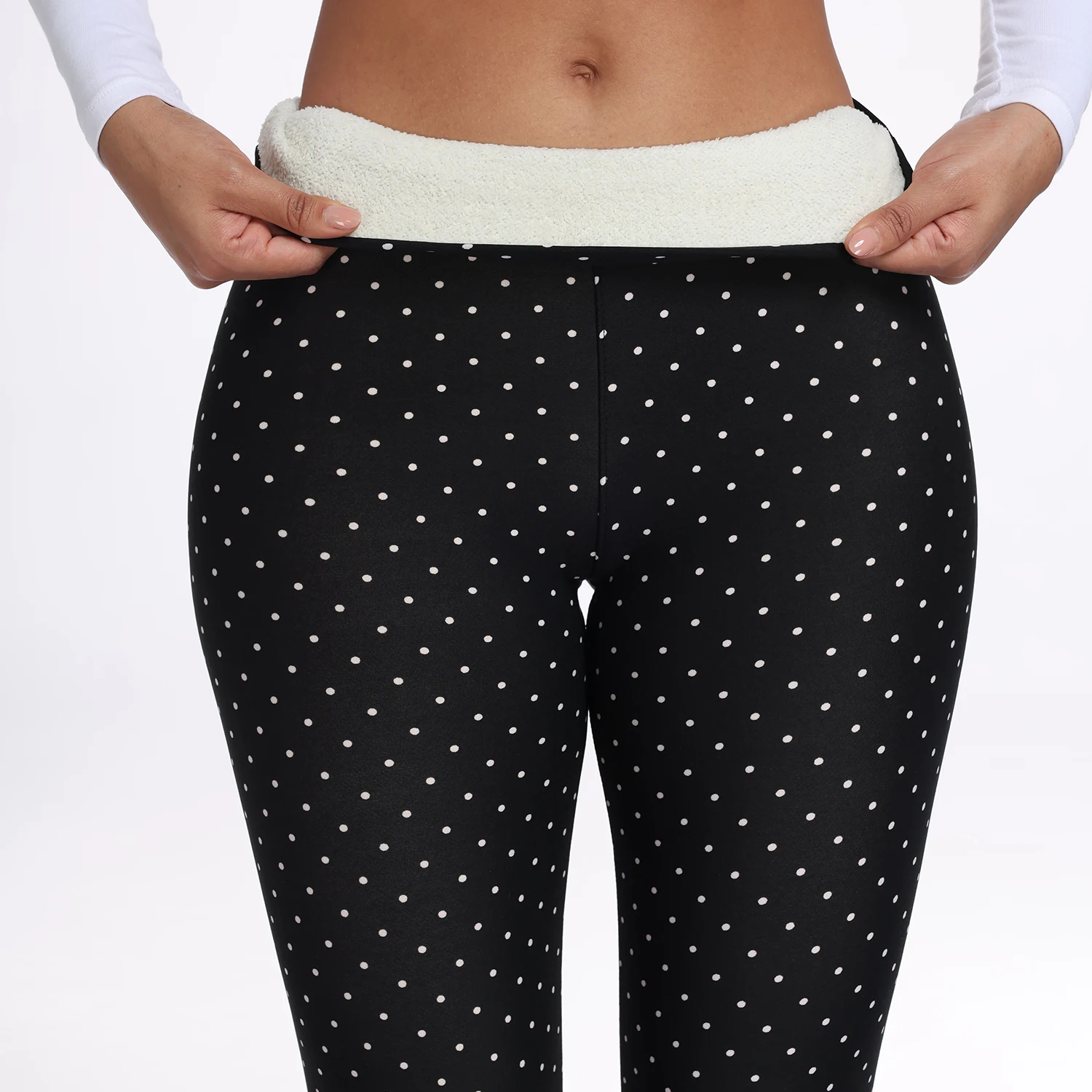 Women Fleece-Lined Dot Print Leggings Autumn Winter High Waisted Thermal Warm Pants Slim Plus Thicken Trousers Street Clothes