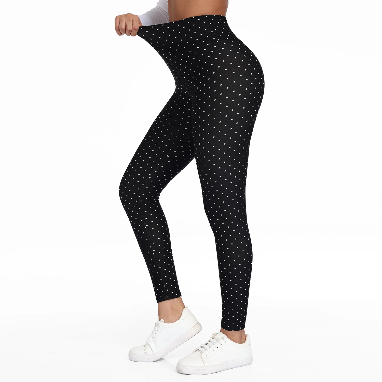 Women Fleece-Lined Dot Print Leggings Autumn Winter High Waisted Thermal Warm Pants Slim Plus Thicken Trousers Street Clothes