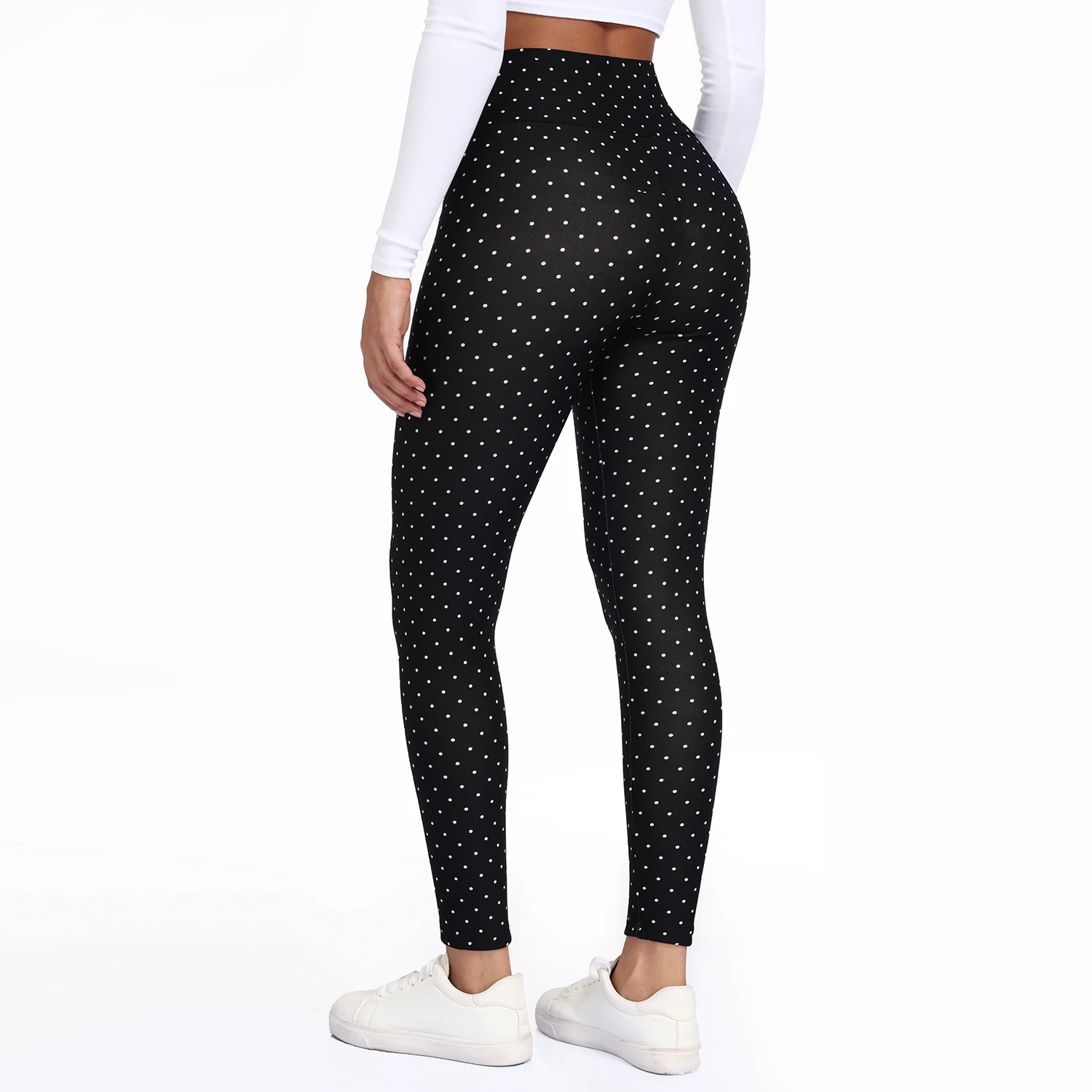Women Fleece-Lined Dot Print Leggings Autumn Winter High Waisted Thermal Warm Pants Slim Plus Thicken Trousers Street Clothes