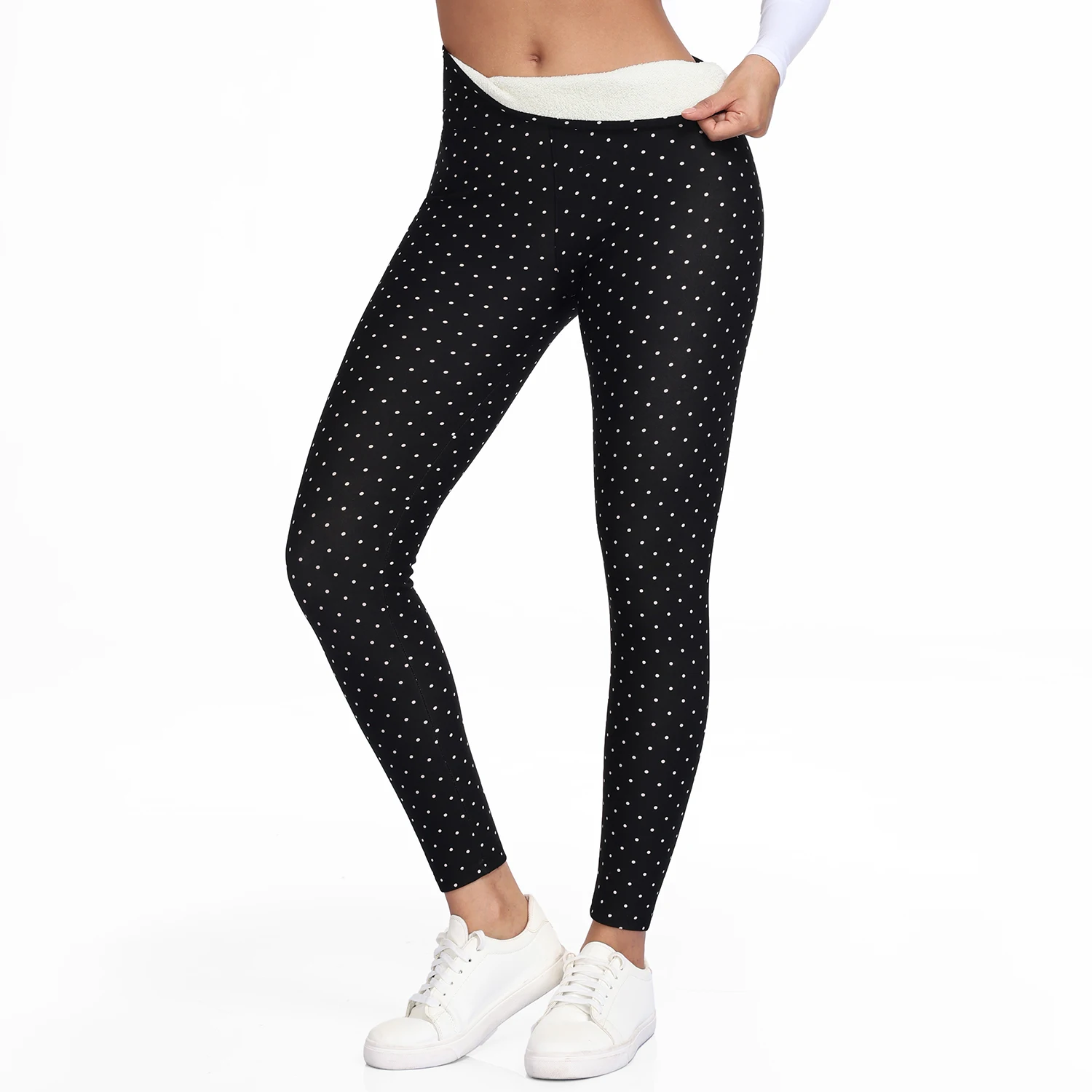 Women Fleece-Lined Dot Print Leggings Autumn Winter High Waisted Thermal Warm Pants Slim Plus Thicken Trousers Street Clothes