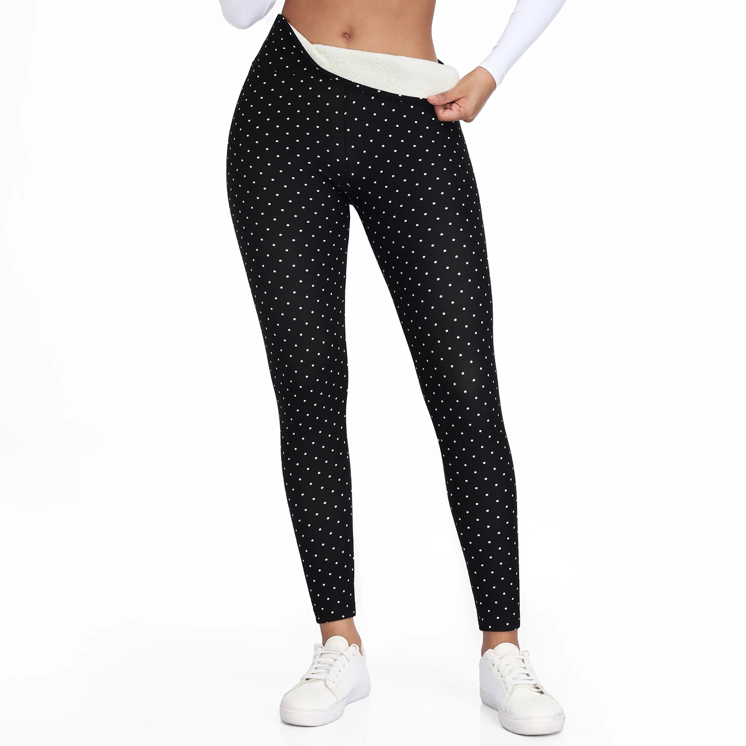Women Dot Print Fleece Leggings High Waist Thermal Winter Warm Tights Solid Stretchy Casual Pants Female Streetwear Jogger