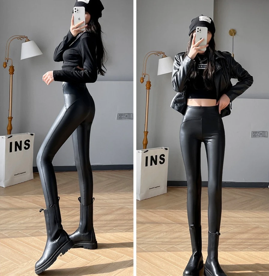 Autumn Winter Women High Waist Tights Stretch Soft Thin Fleece Leggings Sexy Slimming Pu Leather Pants Fashion Female Clothing