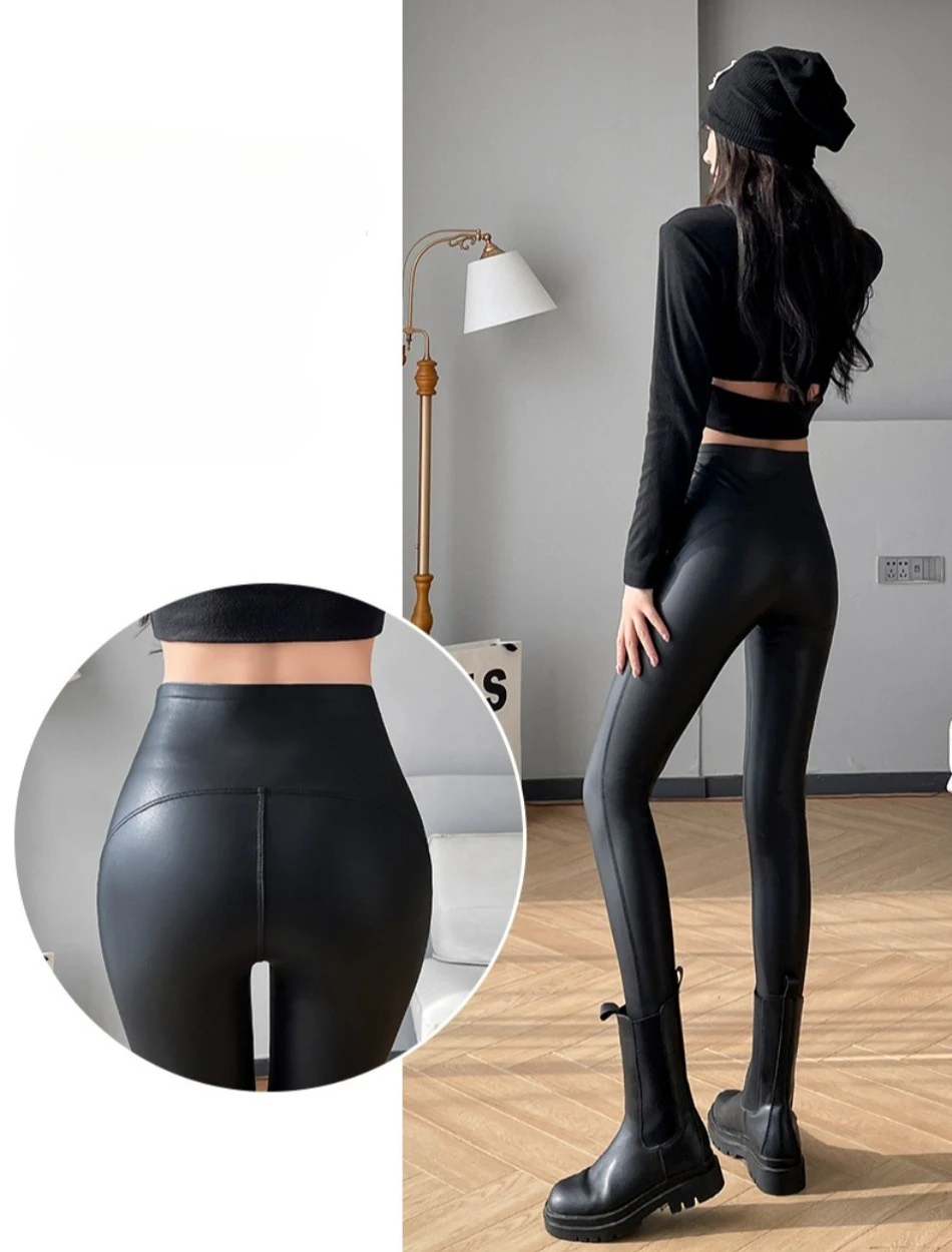 Autumn Winter Women High Waist Tights Stretch Soft Thin Fleece Leggings Sexy Slimming Pu Leather Pants Fashion Female Clothing