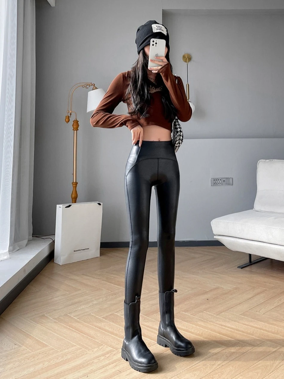 Autumn Winter Women High Waist Tights Stretch Soft Thin Fleece Leggings Sexy Slimming Pu Leather Pants Fashion Female Clothing
