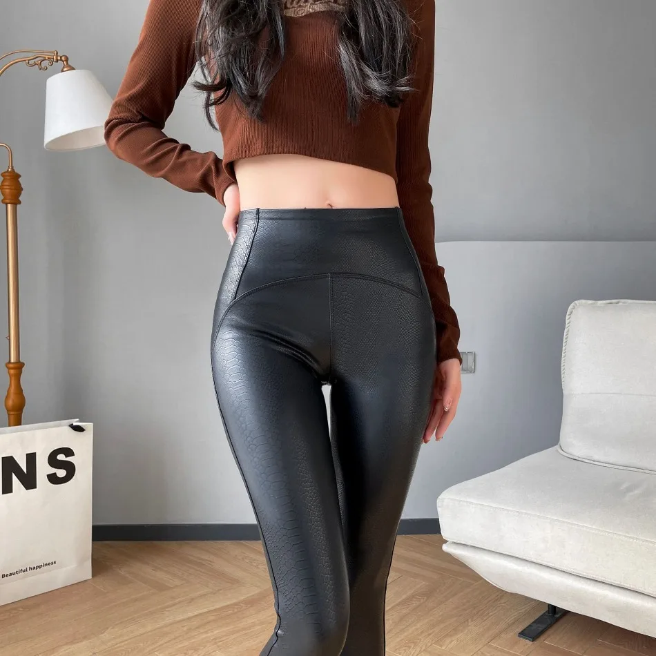 Autumn Winter Women High Waist Tights Stretch Soft Thin Fleece Leggings Sexy Slimming Pu Leather Pants Fashion Female Clothing