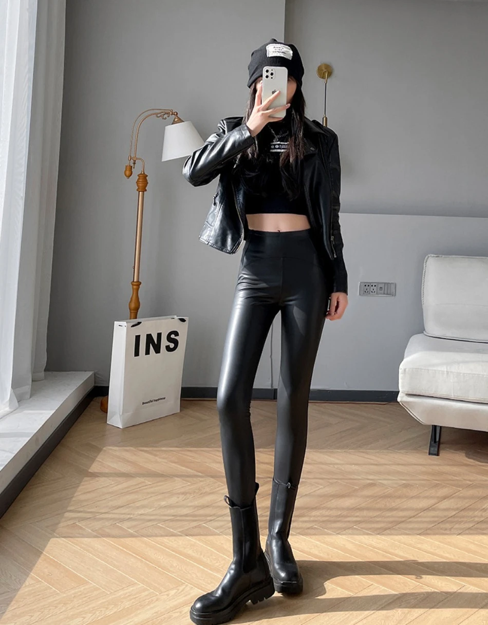 Autumn Winter Women High Waist Tights Stretch Soft Thin Fleece Leggings Sexy Slimming Pu Leather Pants Fashion Female Clothing