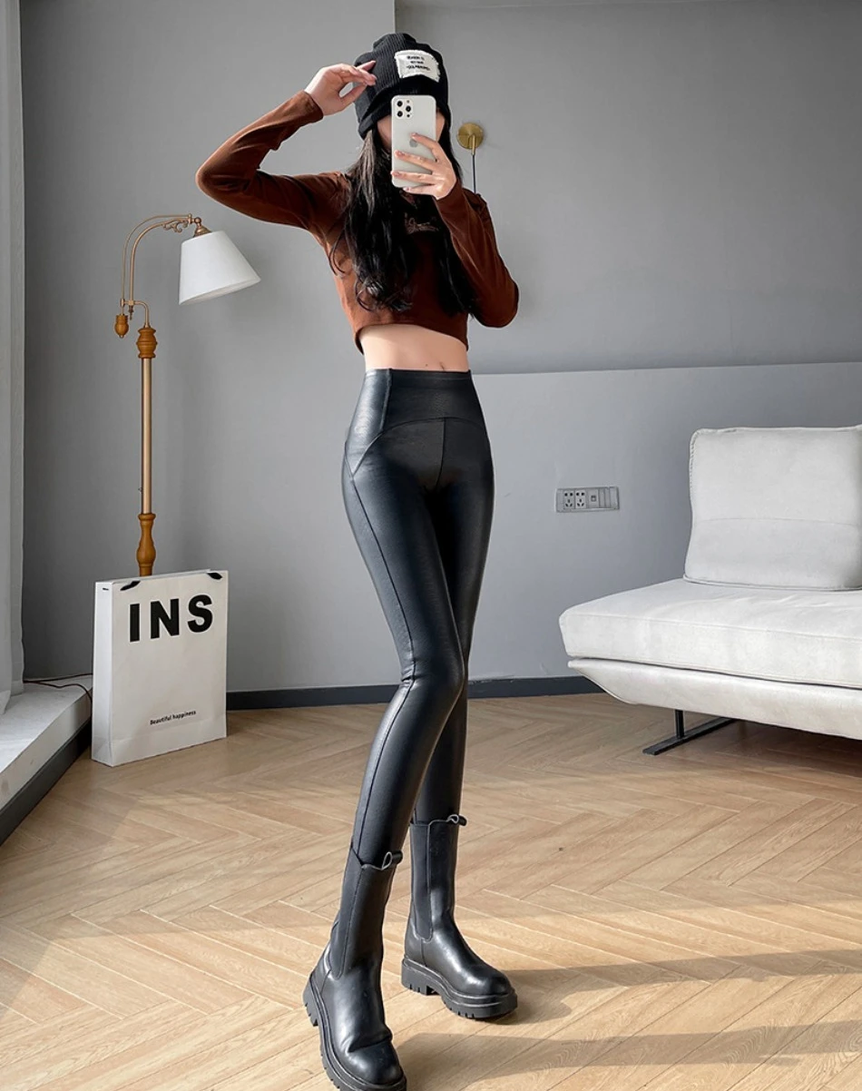 Autumn Winter Women High Waist Tights Stretch Soft Thin Fleece Leggings Sexy Slimming Pu Leather Pants Fashion Female Clothing