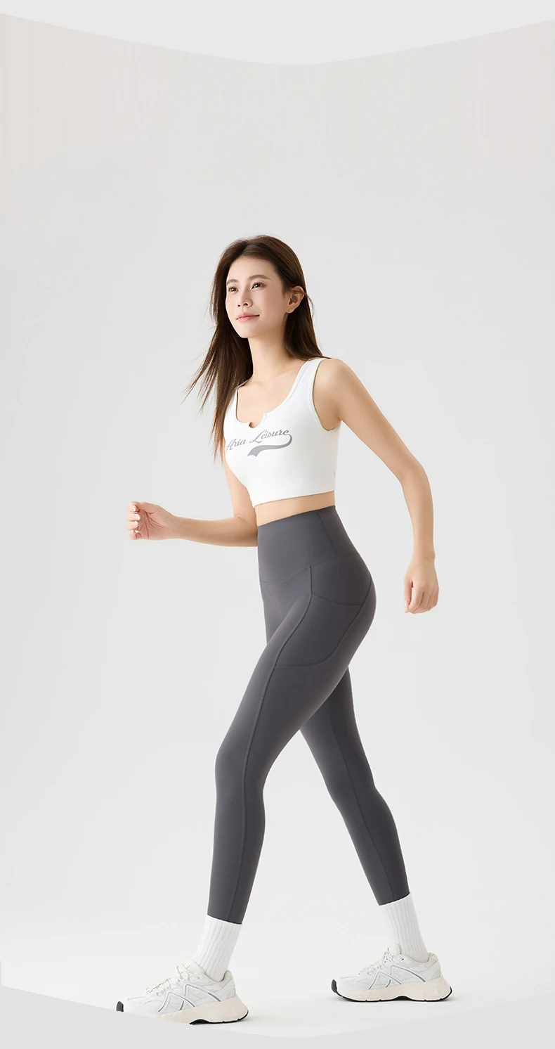 BIVIGAOS Spring Autumn Double Side Pocket Sharkskin Leggings Women Tight Elastic High Waist Sports Fitness Running Leggings