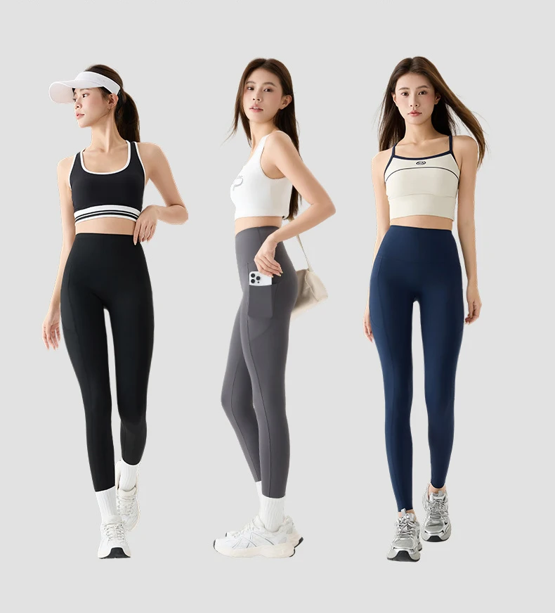 BIVIGAOS Spring Autumn Double Side Pocket Sharkskin Leggings Women Tight Elastic High Waist Sports Fitness Running Leggings