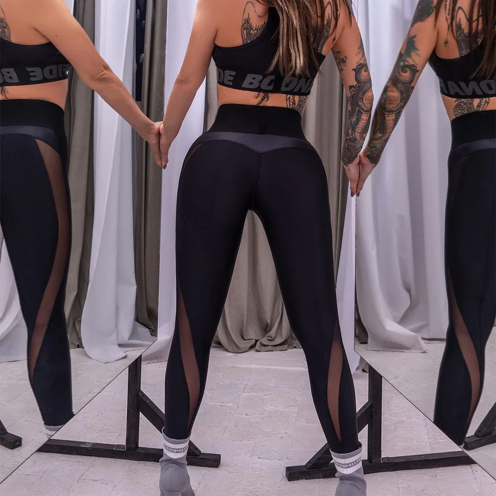 Women's High Waisted Sexy Mesh Panels Yoga Leggings Gym Workout Running Leggings Breathable Fashion Slim Elastic Leggings
