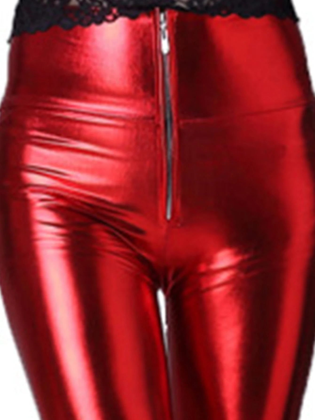 New PU Imitation Leather High-waisted Zipper Leggings Female Imitation Leather Wearing Red Small Feet Slim Nine-point Pants