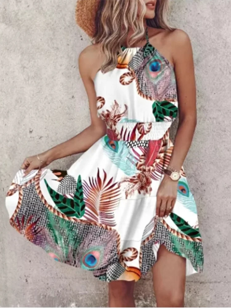 Bohemian Sleeveless Mini Dress Female Sexy Suspender Painted Printed Dresses Women's Beach Vacation Summer Robe