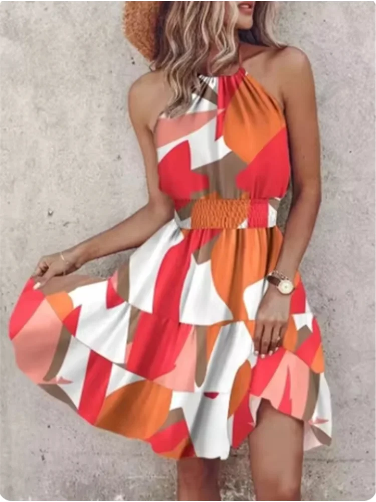 Bohemian Sleeveless Mini Dress Female Sexy Suspender Painted Printed Dresses Women's Beach Vacation Summer Robe