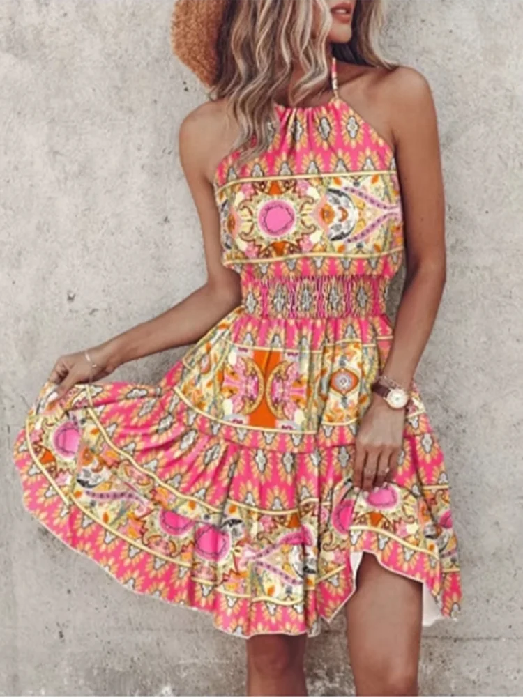 Bohemian Sleeveless Mini Dress Female Sexy Suspender Painted Printed Dresses Women's Beach Vacation Summer Robe