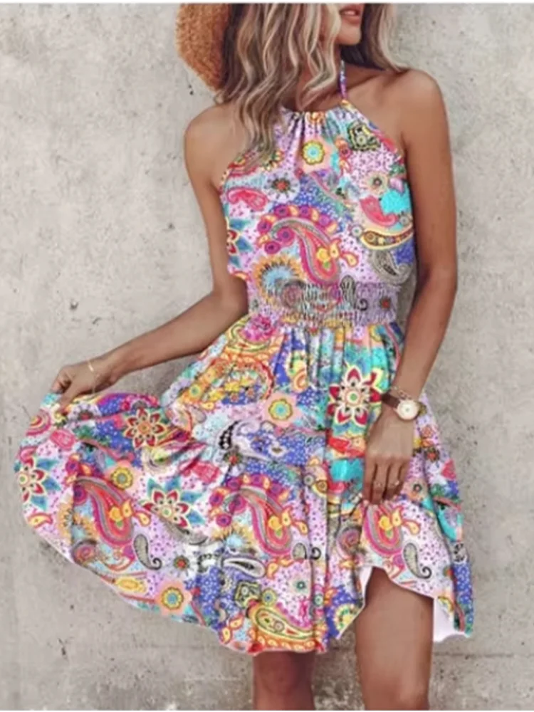 Bohemian Sleeveless Mini Dress Female Sexy Suspender Painted Printed Dresses Women's Beach Vacation Summer Robe
