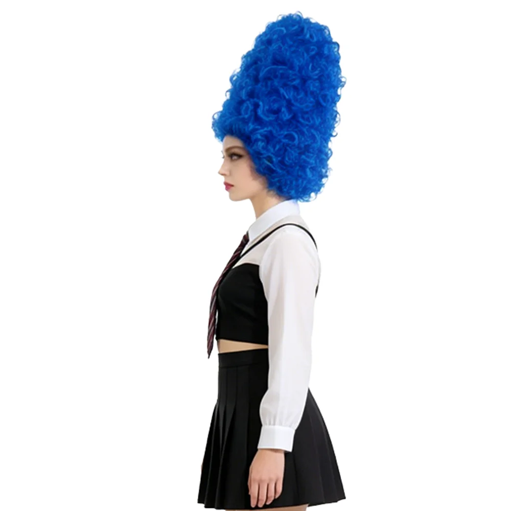 Anime Cos Blue Tall Tube Afro Wig Marge Simpson Same Style Beehive Hair High Temperature Fiber Wig For Halloween Party Role Play