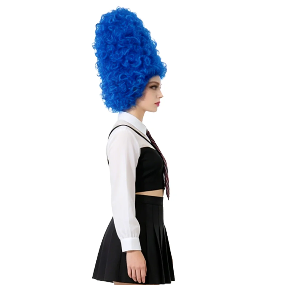 Anime Cos Blue Tall Tube Afro Wig Marge Simpson Same Style Beehive Hair High Temperature Fiber Wig For Halloween Party Role Play