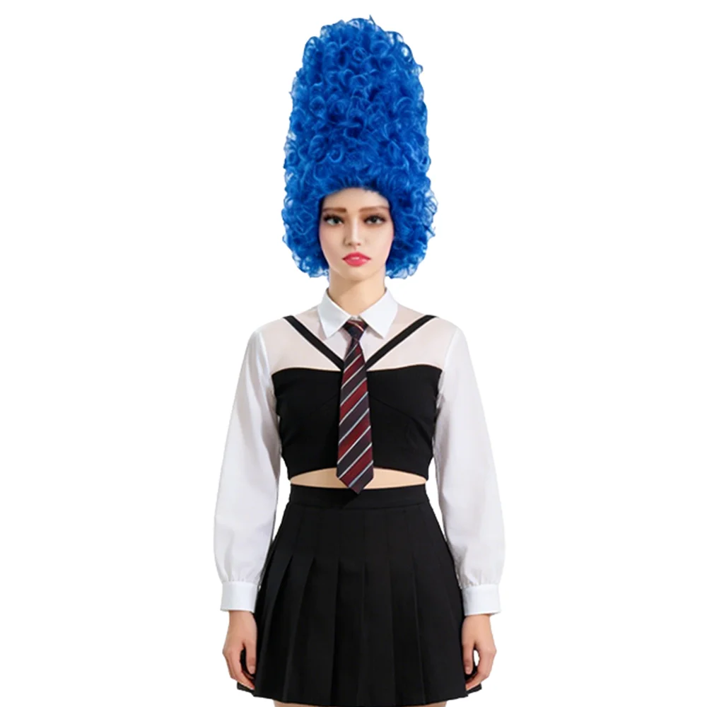 Anime Cos Blue Tall Tube Afro Wig Marge Simpson Same Style Beehive Hair High Temperature Fiber Wig For Halloween Party Role Play