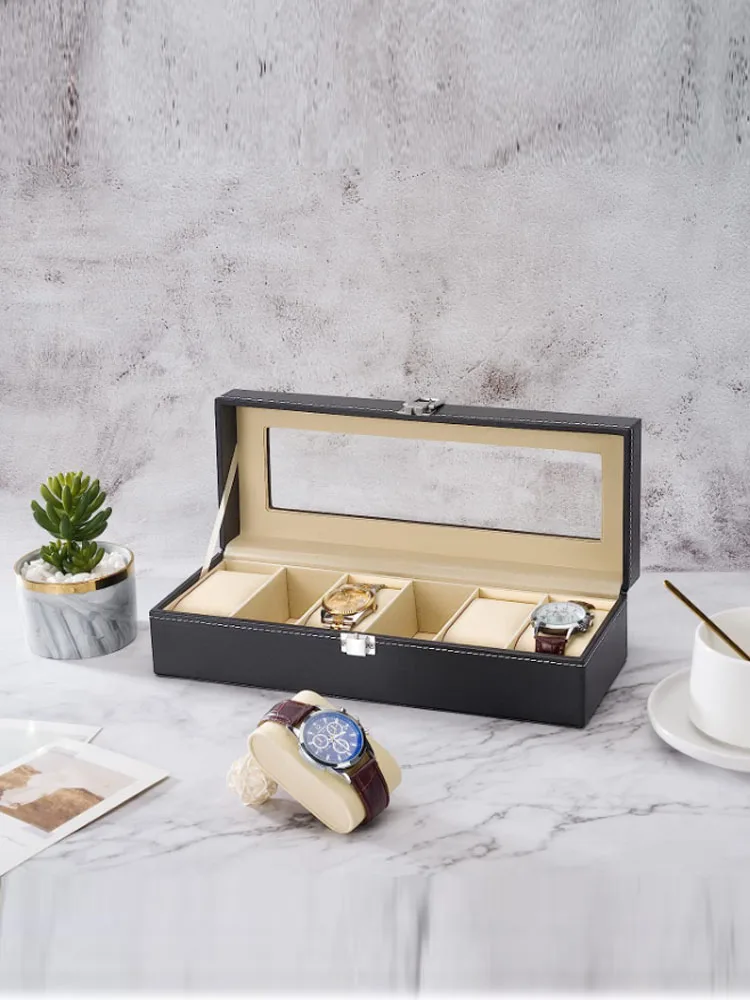 6 Slot PU Leather Watch Box Display Case Jewelry Organizer with Glass Top