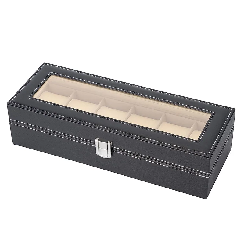 6 Slot PU Leather Watch Box Display Case Jewelry Organizer with Glass Top