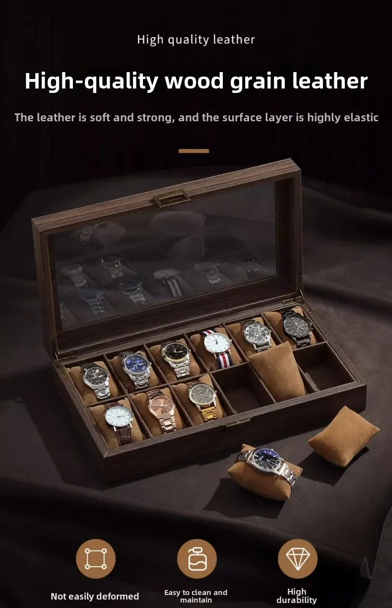 Luxury Wooden Grain Leather Watch Case High-Capacity Storage Multi-Watch Jewelry Organizer for Home