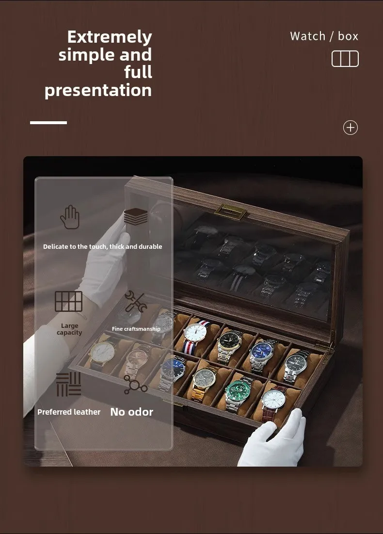 Luxury Wooden Grain Leather Watch Case High-Capacity Storage Multi-Watch Jewelry Organizer for Home