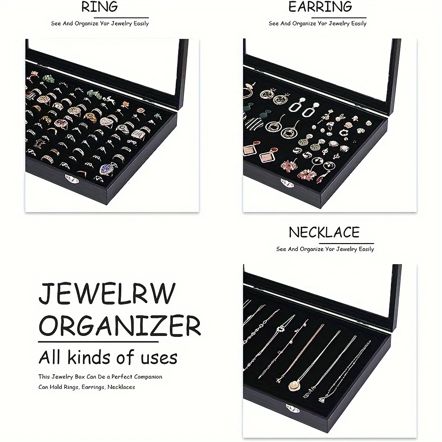100 groove ring box box box box display box, ring holder storage box for jewelry display with glass cover