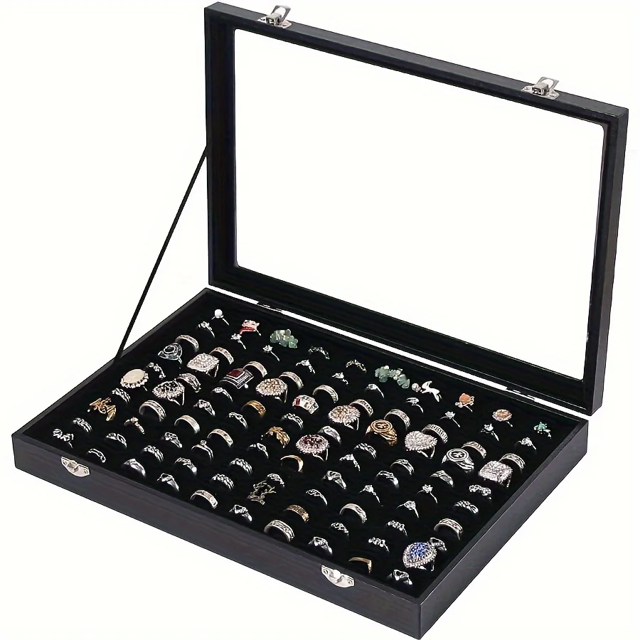 100 groove ring box box box box display box, ring holder storage box for jewelry display with glass cover