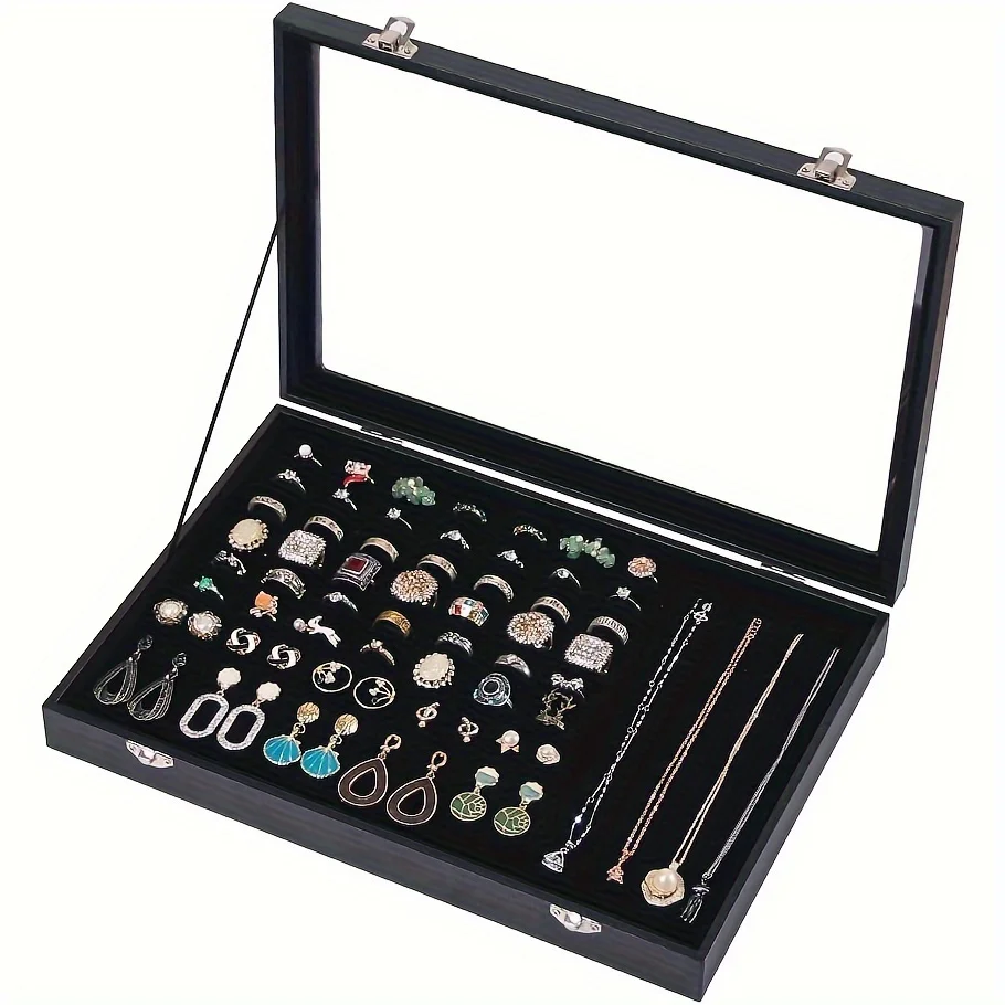 100 groove ring box box box box display box, ring holder storage box for jewelry display with glass cover