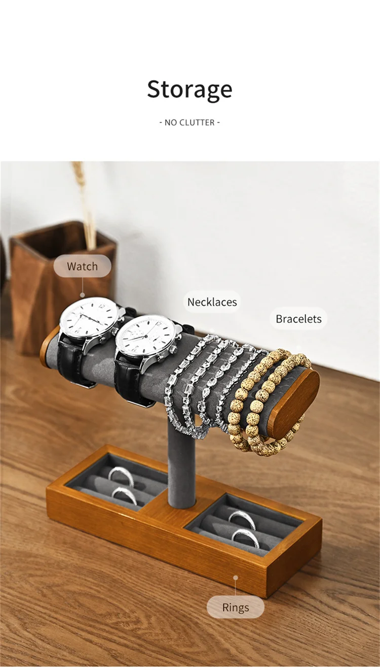 Oirlv Wooden Jewelry Organizer Watch Display Stand Necklace Bracelet Rings Storage Rack Jewelry T-bar Holder Showcase Props