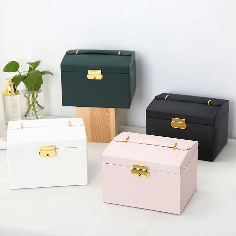 Three Drawer Handheld Jewellery Box Earring Ring Necklace Storage Box PU Leather Jewellery Display Box With Security Key Lock